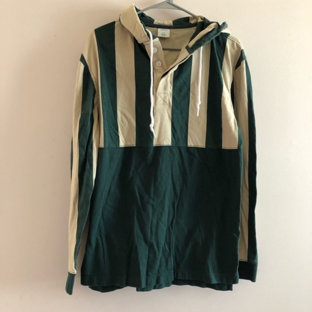 UO Green&Tan L Striped Henley Hooded Sweatshirt